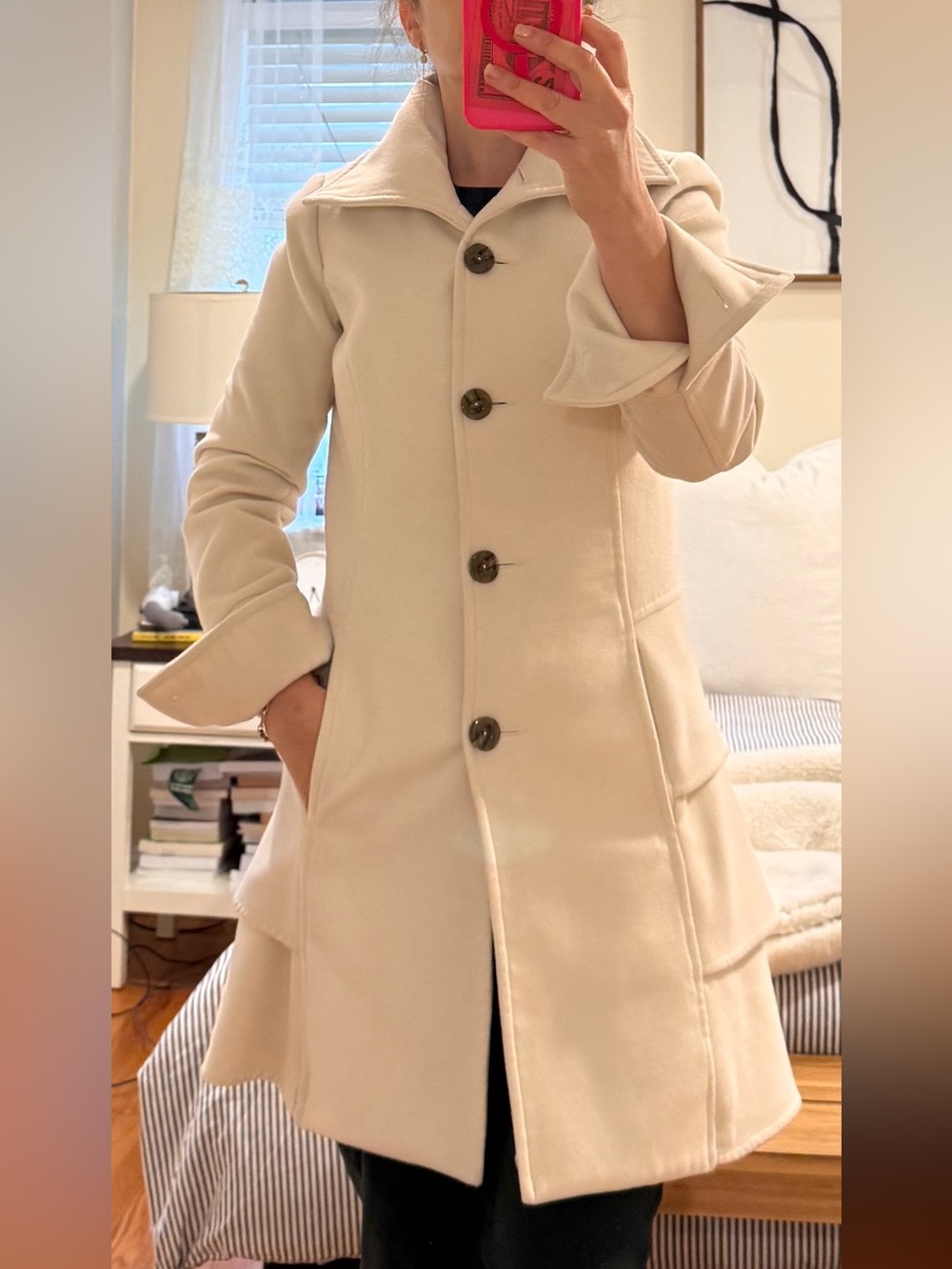 Womens Vintage Cream Single-Breasted 100% cashmere Wool Coat Size S